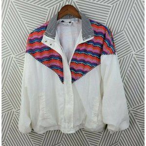 Vintage 90s Windbreaker Jacket Zip size Small white pink blue geometric y2k